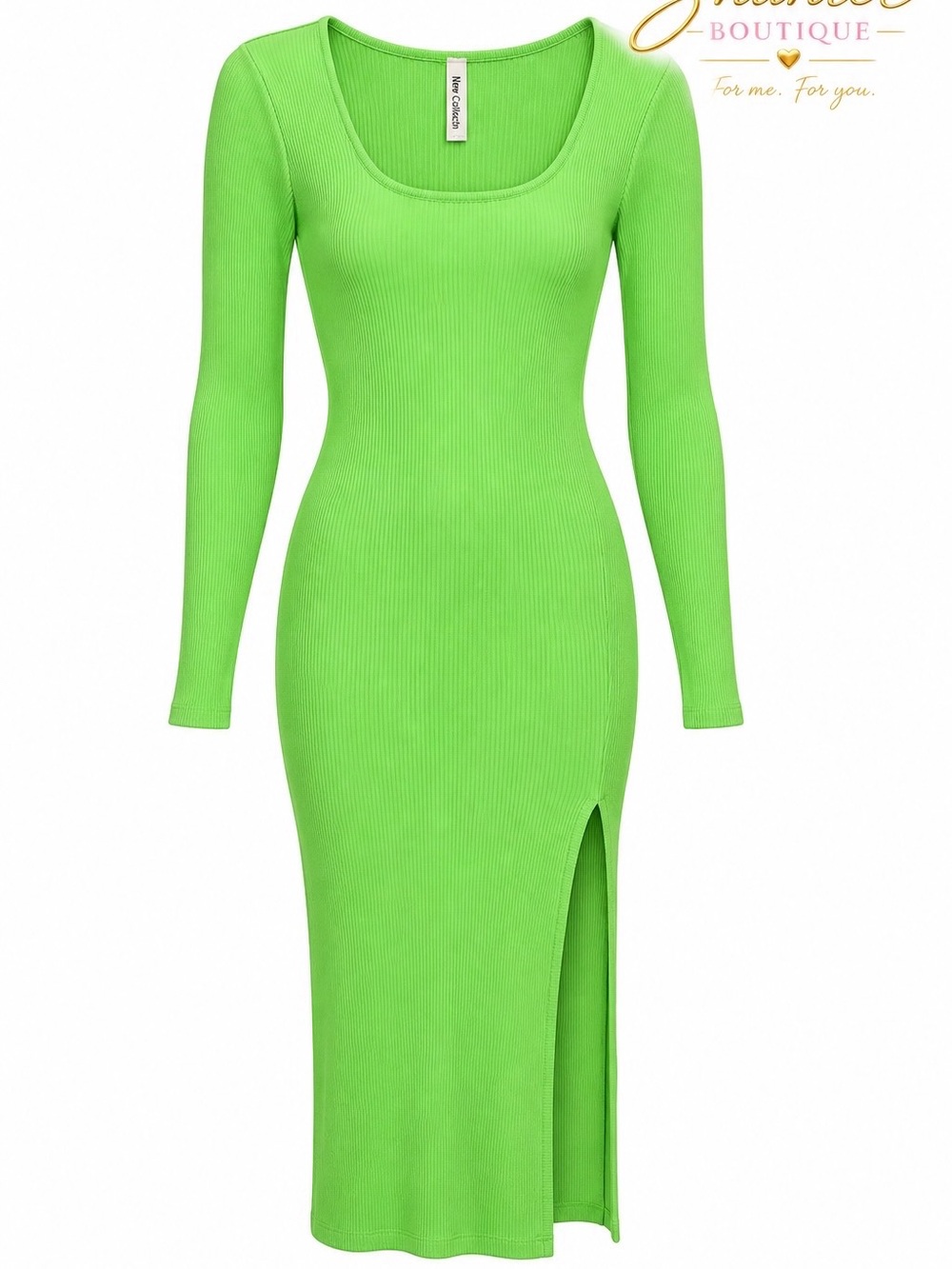 Ribbed Scoop Neck Long Sleeve Midi Dress in Lime Green